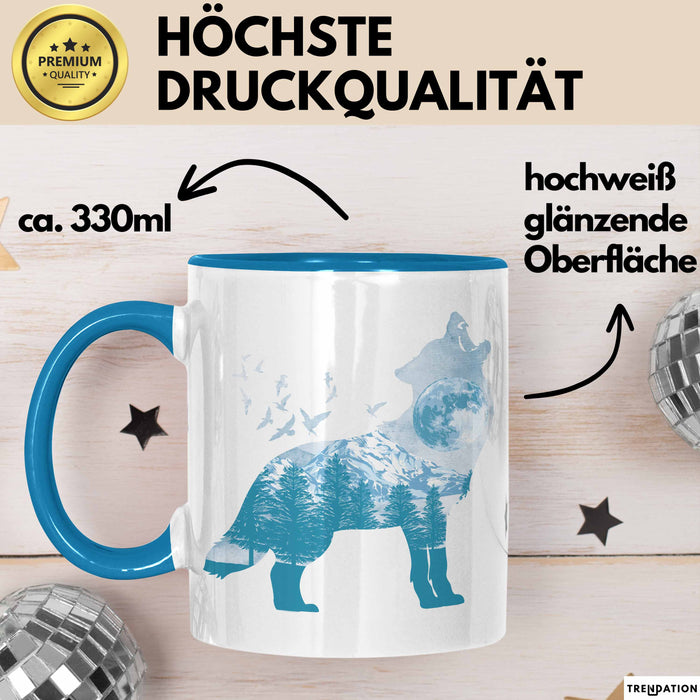 Wolf Tasse Geschenk Heulender Wolf Vögel Mond Silhouetten Geschenkidee Lustig Blau Trendation