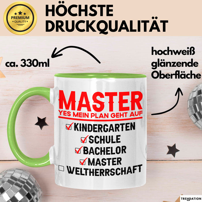 Master Absolvent Abschluss Tasse Geschenk Lustige Geschenkidee Spruch Master Yes Mein Plan Geht Auf Grün Trendation