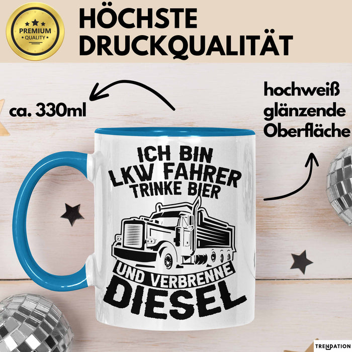 LKW Fahrer Tasse Geschenk Ich Bin LKW Fahrer Trinke Bier und Verbrenne Diesel Humor Geschenkidee Kaffee-Becher Blau Trendation