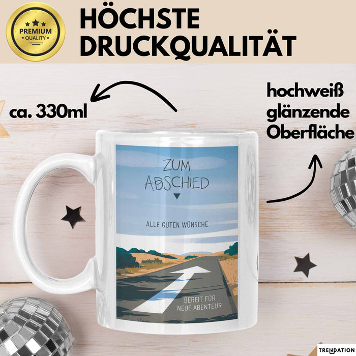 Büroarbeit Kollege Abschied Tasse Geschenk Lustige Geschenkidee Spruch Zum Abschied Alle Guten Wünsche Bereit Für Neue Abenteuer Weiß Trendation