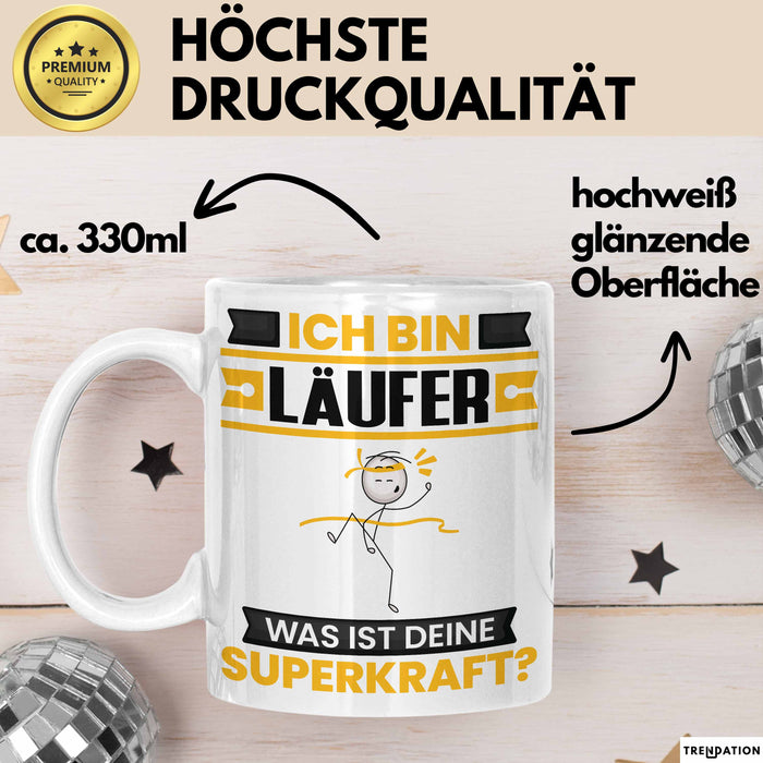 Läufer Tasse Geschenk für Läufer Geburtstag Lustiger Spruch Kaffee-Becher Was Ist Deine Superkraft Weiß Trendation
