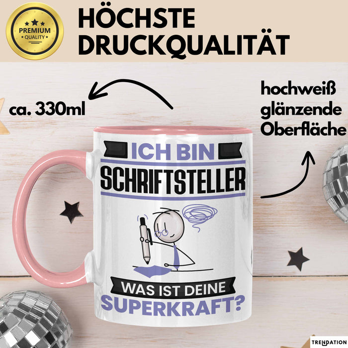 Schriftsteller Tasse Geschenk für Schriftsteller Geburtstag Lustiger Spruch Kaffee-Becher Was Ist Deine Superkraft Rosa Trendation