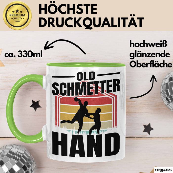 Handball Geschenk Tasse Geschenkidee Handball-Spieler Handballspielerin Mädchen Jungs Kaffee-Becher Old Schmetterhand Grün Trendation