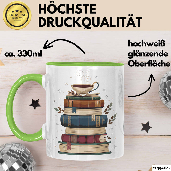 Bücherwurm Tasse Geschenkidee für Vielleser Lustiger Spruch Grün Trendation