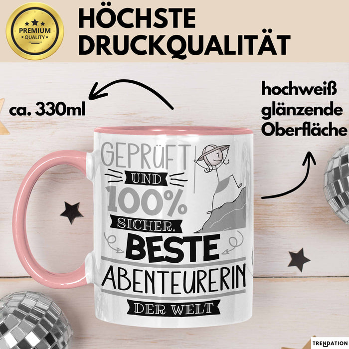 Beste Abenteurerin Der Welt Tasse Geschenk für Eine Abenteurerin Geprüft Und Sicher Geschenkidee Geburtstag Weihnachten Rosa Trendation
