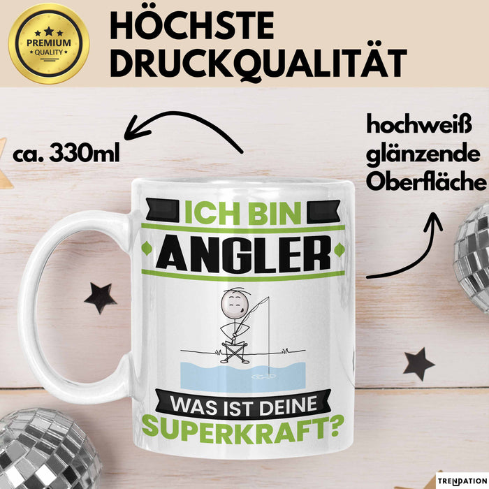 Angler Tasse Geschenk für Angler Geburtstag Lustiger Spruch Kaffee-Becher Was Ist Deine Superkraft Weiß Trendation
