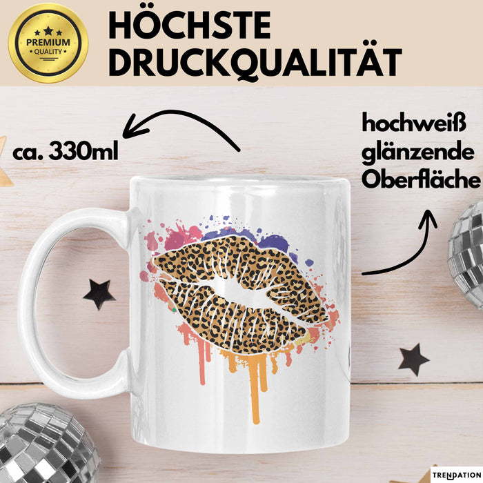 Leoparden Lippen Tasse Geschenk Cool Lips Kiss Leopardenmuster Kaffee-Tasse Geschenkidee Weiß Trendation