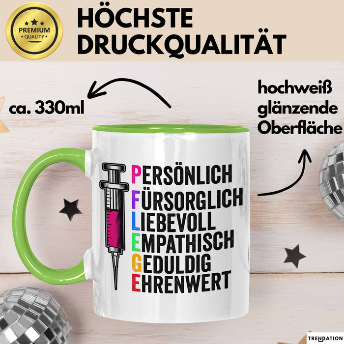 Krankenschwester Pflege Betreuung Tasse Geschenk Lustige Geschenkidee Spruch Pflege Grün Trendation