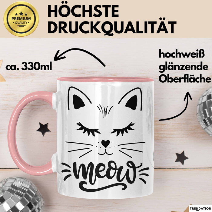 Katzen-Besitzerin Tasse Geschenk Meow Katze Geschenkidee Miau Katzen Mama Kaffee-Becher Rosa Trendation