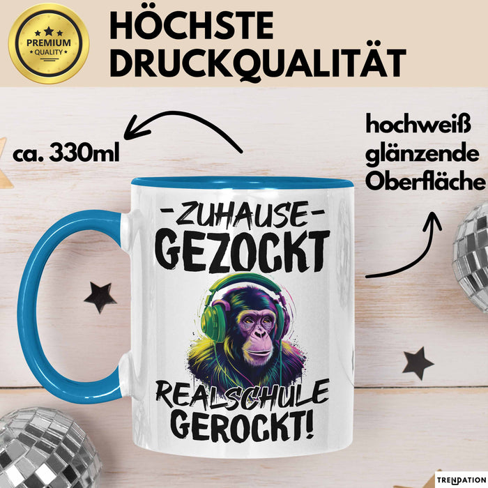 Realschule Bestanden Fachabitur Prüfung Zocker Tasse Geschenk Zuhause Gezockt Realschule Gerockt Kaffee-Becher Blau Trendation
