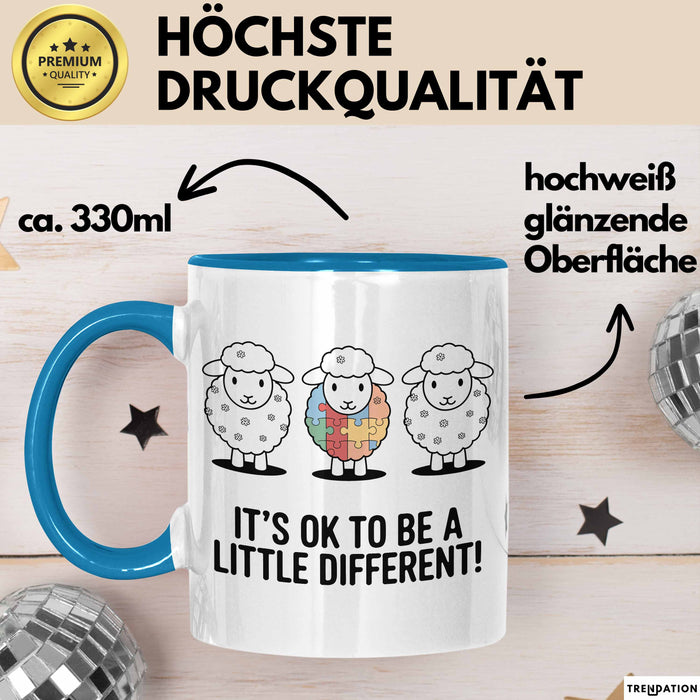 Schaf Autismus Bewusstsein Tasse Geschenk Lustige Geschenkidee Spruch Es Ist Okay Ein Bisschen Anders Zu Sein Blau Trendation