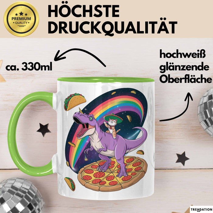 Katzen Tasse Geschenk Katze reitet Dinosaurier & isst Pizza Grün Trendation