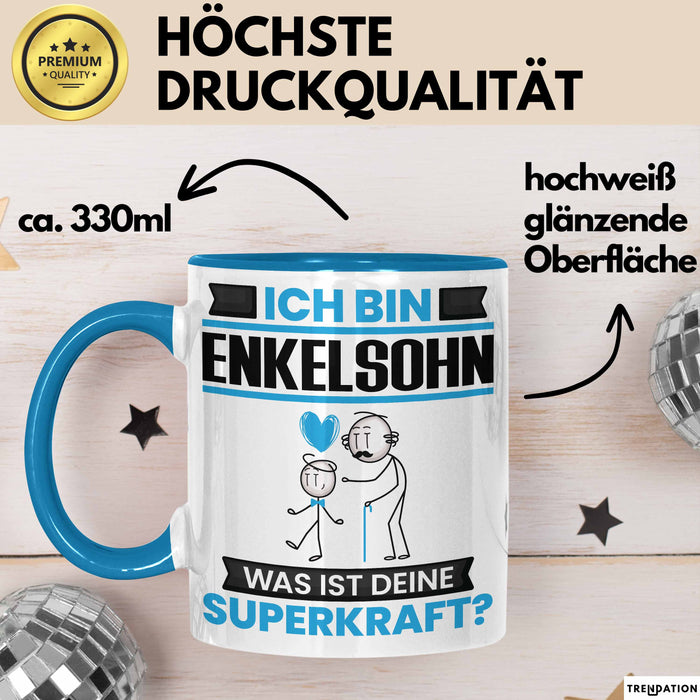 Enkelsohn Tasse Geschenk für Enkelsohn Geburtstag Lustiger Spruch Kaffee-Becher Was Ist Deine Superkraft Blau Trendation