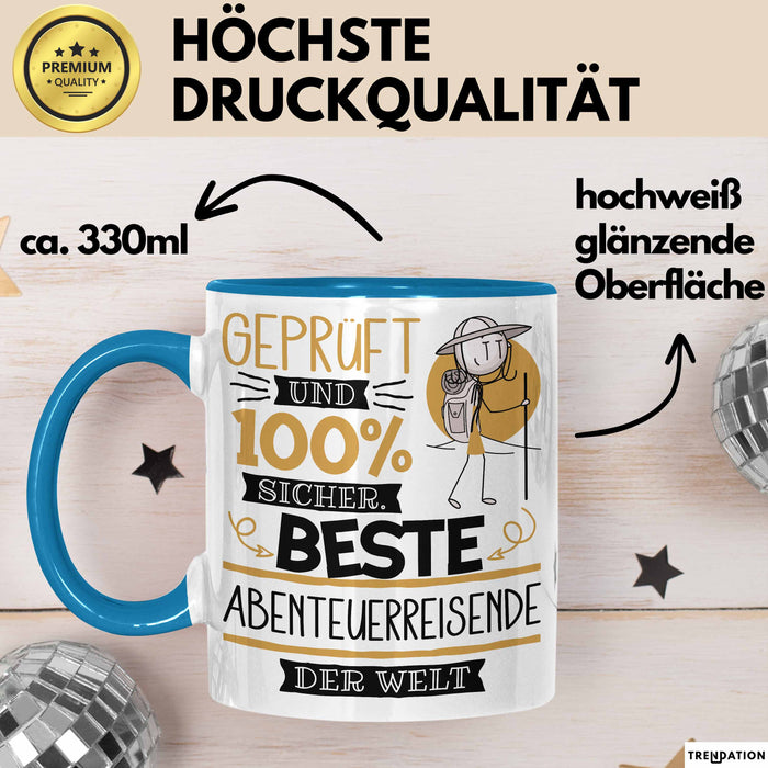 Beste Abenteuerreisende Der Welt Tasse Geschenk für Eine Abenteuerreisende Geprüft Und Sicher Geschenkidee Geburtstag Weihnachten Blau Trendation
