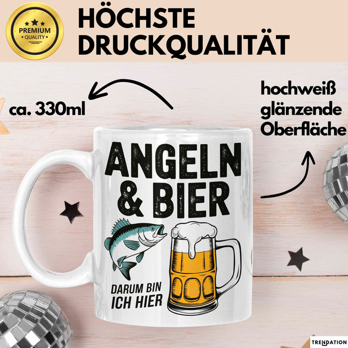 Angeln Fischer Bierliebhaber Tasse Geschenk Lustige Geschenkidee Spruch Angeln Und Bier Darum Bin Ich Hier Weiß Trendation
