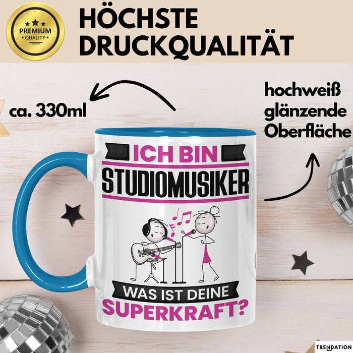 Studiomusiker Tasse Geschenk für Studiomusiker Geburtstag Lustiger Spruch Kaffee-Becher Was Ist Deine Superkraft Blau Trendation