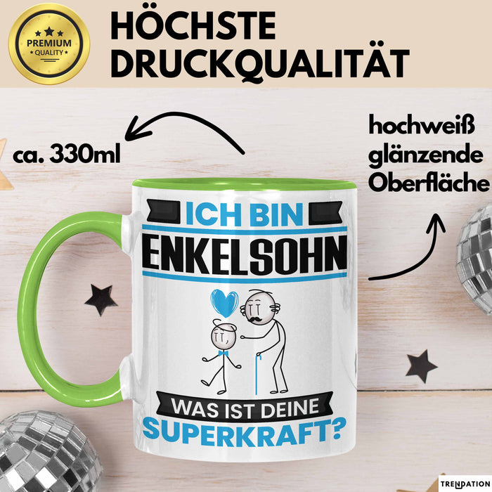 Enkelsohn Tasse Geschenk für Enkelsohn Geburtstag Lustiger Spruch Kaffee-Becher Was Ist Deine Superkraft Grün Trendation
