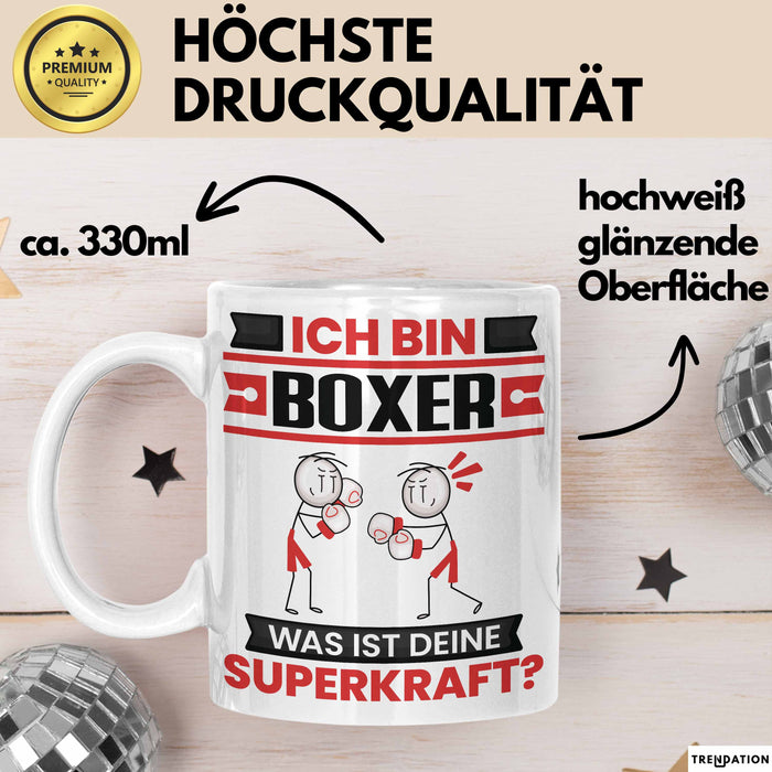 Boxer Tasse Geschenk für Boxer Geburtstag Lustiger Spruch Kaffee-Becher Was Ist Deine Superkraft Weiß Trendation