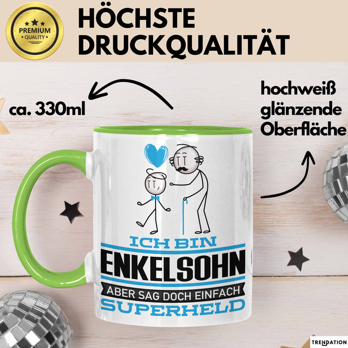 Enkelsohn Geschenk Tasse Ich Bin Enkelsohn Aber Sag Doch Einfach Superheld Lustige Geschenkdiee für Enkelsohn Kaffee-Becher Grün Trendation