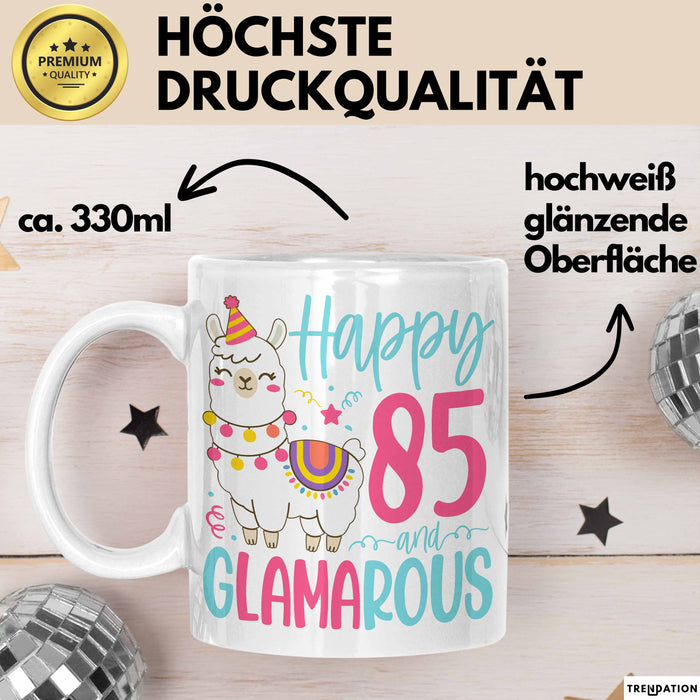 85er Geburtstag Tasse Geschenk Happy 85 And Glamarous Llama Alpaka Liebhaber Geschenkidee zum Geburtstag Weiß Trendation