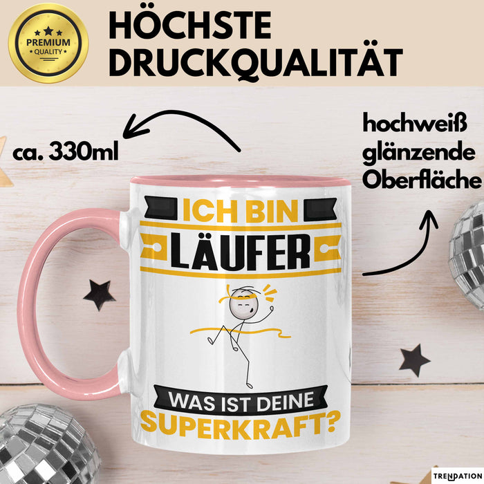 Läufer Tasse Geschenk für Läufer Geburtstag Lustiger Spruch Kaffee-Becher Was Ist Deine Superkraft Rosa Trendation