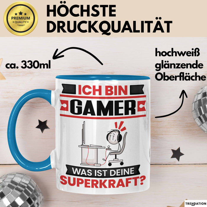 Gamer Tasse Geschenk für Gamer Geburtstag Lustiger Spruch Kaffee-Becher Was Ist Deine Superkraft Blau Trendation