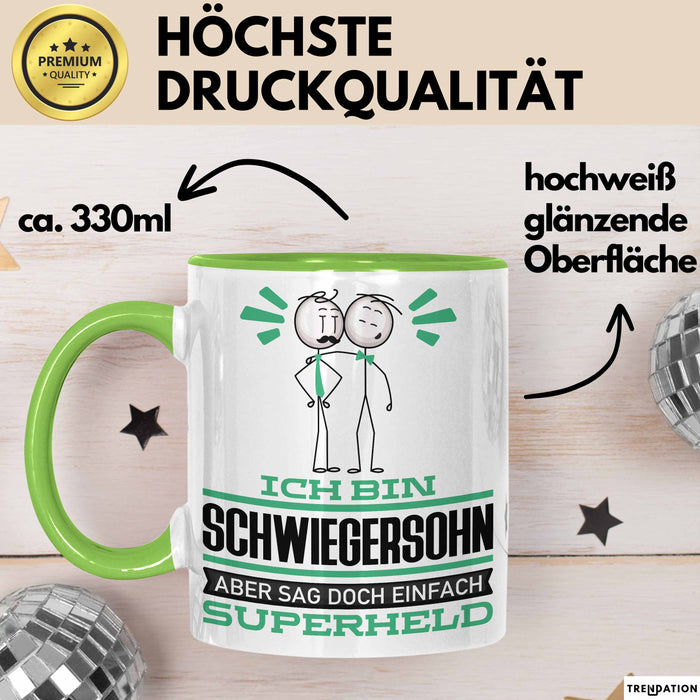 Schwiegersohn Geschenk Tasse Ich Bin Schwiegersohn Aber Sag Doch Einfach Superheld Lustige Geschenkdiee für Schwiegersohn Kaffee-Becher Grün Trendation