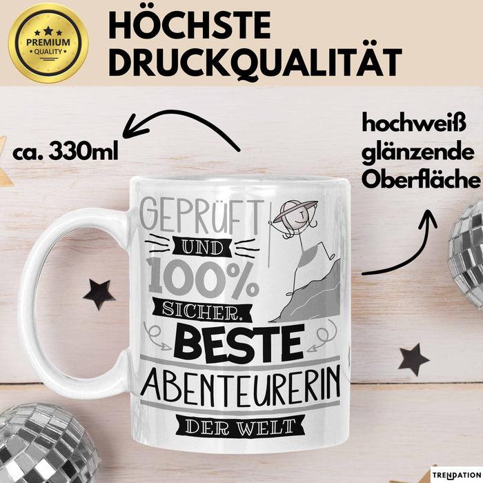 Beste Abenteurerin Der Welt Tasse Geschenk für Eine Abenteurerin Geprüft Und Sicher Geschenkidee Geburtstag Weihnachten Weiß Trendation