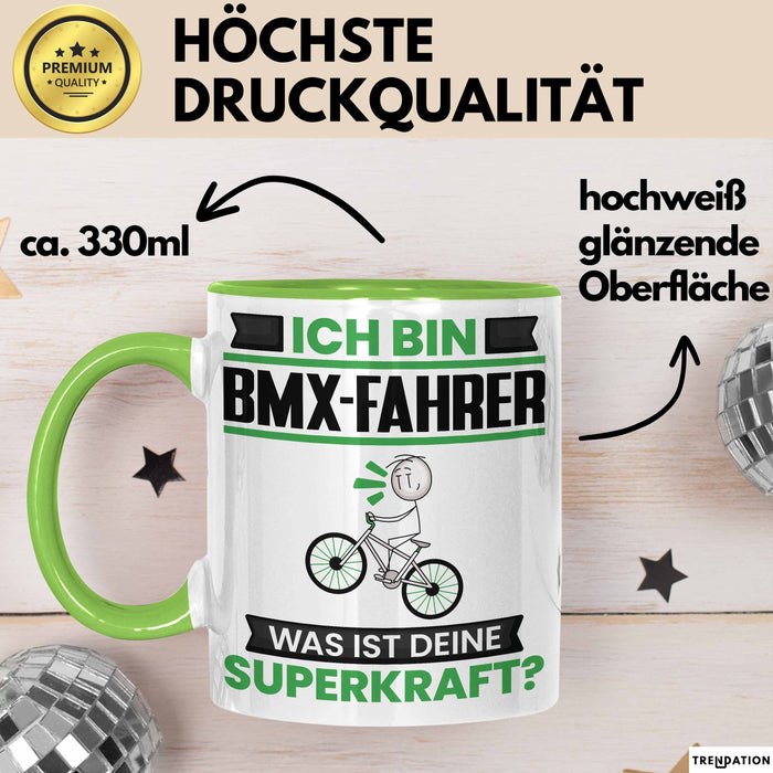 BMX-Fahrer Tasse Geschenk für BMX-Fahrer Geburtstag Lustiger Spruch Kaffee-Becher Was Ist Deine Superkraft Grün Trendation