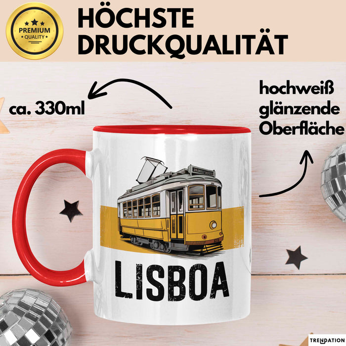 Lissabon Portugal Tasse Geschenk Lustige Geschenkidee Spruch Seilbahn Reise Straßenbahn Rot Trendation