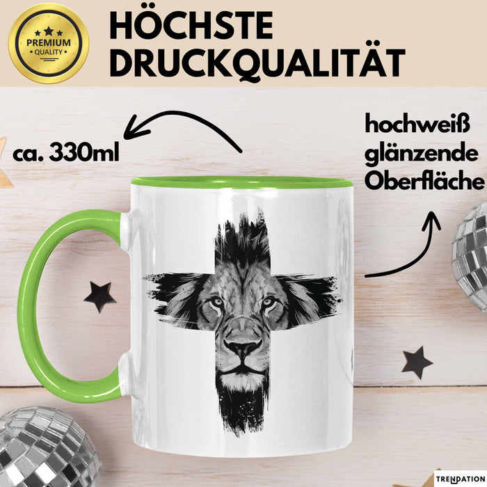 Christen Tasse Geschenk Christlich Glauben Kirche Geschenkidee Für Jesus-Fans Kreuz Löwe Grün Trendation
