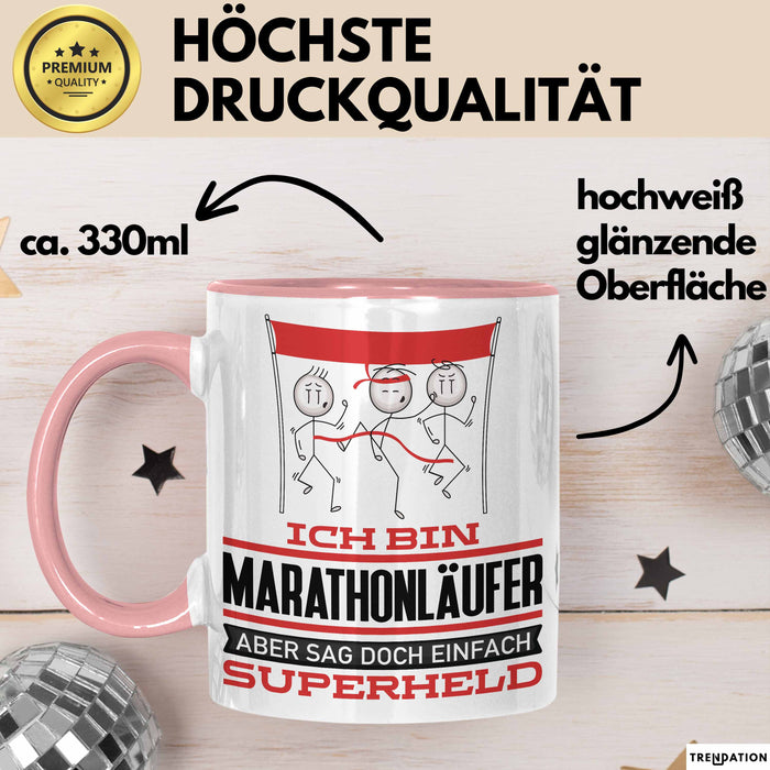 Marathonläufer Geschenk Tasse Ich Bin Marathonläufer Aber Sag Doch Einfach Superheld Lustige Geschenkdiee für Marathonläufer Kaffee-Becher Rosa Trendation