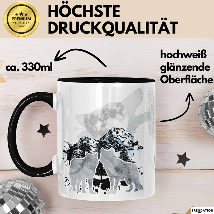 Wolf Tasse Geschenk Heulender Wolf Vögel Mond Silhouetten Geschenkidee Schwarz Trendation