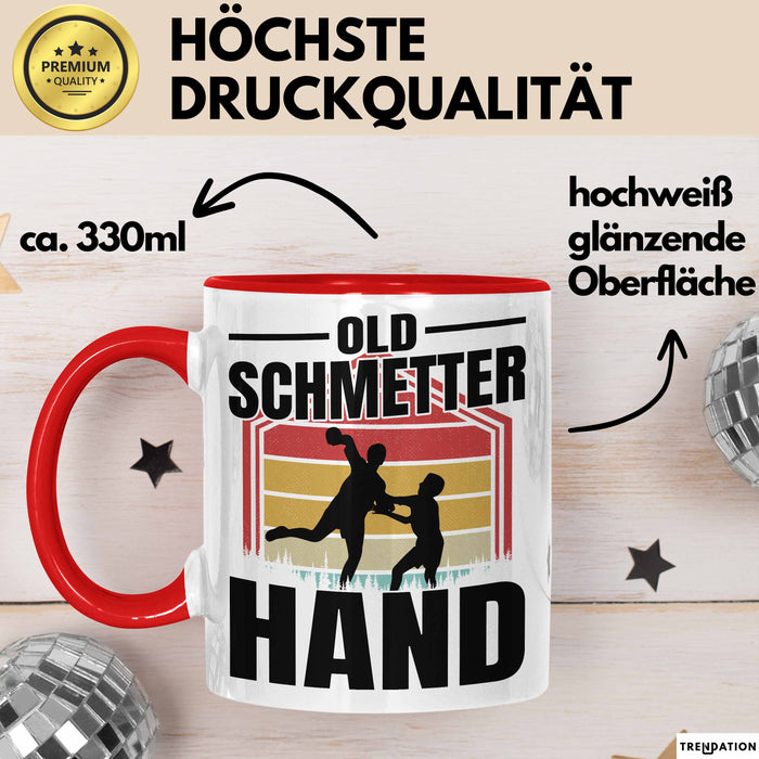 Handball Geschenk Tasse Geschenkidee Handball-Spieler Handballspielerin Mädchen Jungs Kaffee-Becher Old Schmetterhand Rot Trendation