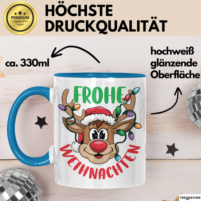 Weihnachten Tasse Geschenk Frohe Weihnachten Rentier Geschenkidee Weihnachtszeit Kaffee-Becher Blau Trendation