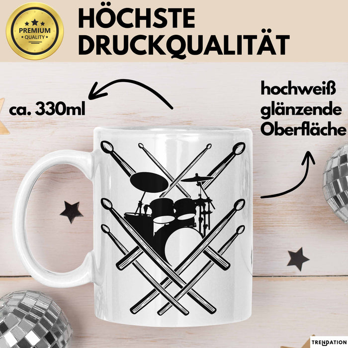 Drummer Schlagzeug-Spieler Geschenk Tasse Geschenkidee Kaffee-Becher Schlagzeuger Schlagzeug Stick Weiß Trendation
