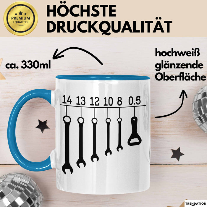 KFZ-Mechaniker Geschenk Tasse Schraubenschlüssel Flaschenöffner Männer Geschenkidee Handwerker Blau Trendation