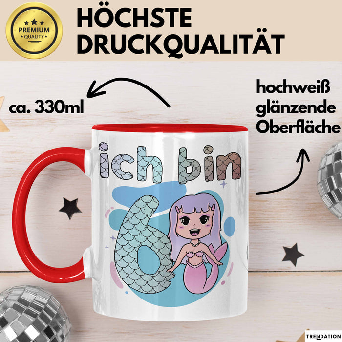6. Geburtstag Mädchen Geschenk Meerjungfrau Geschenk Tasse für Mädchen Nymphe Nixe Becher Grafik Rot Trendation