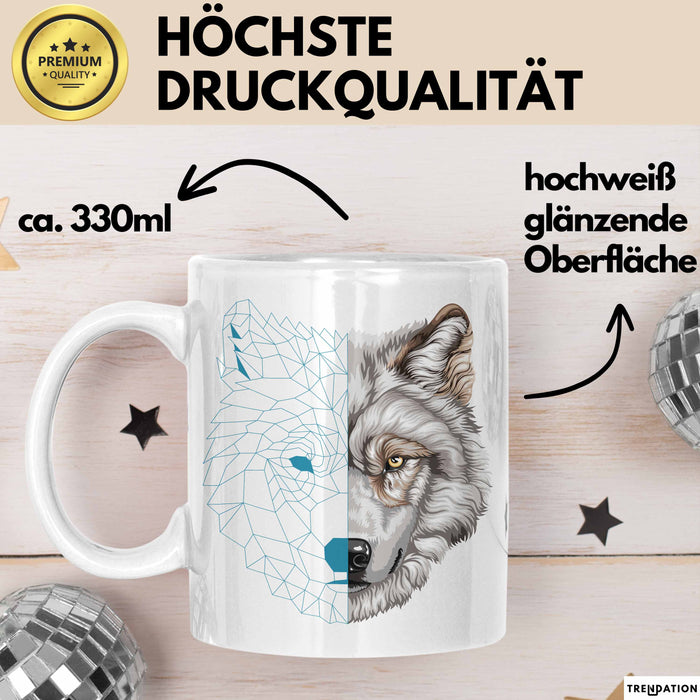 Wolf Tasse Geschenk Geometrisch Realistisch Geteilt Geschenkidee Weiß Trendation