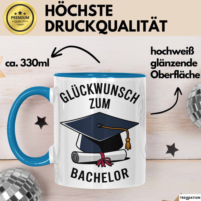 Schüler Abschluss Tasse Geschenk Lustige Geschenkidee Spruch Glückwunsch Zum Bachelor Blau Trendation