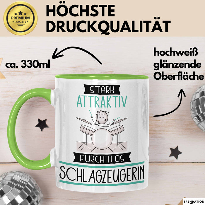 Schlagzeugerin Tasse Geschenk Becher Stark Attraktiv Furchtlos Schlagzeugerin Lustige Geschenkidee Grün Trendation
