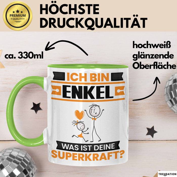 Enkel Tasse Geschenk für Enkel Geburtstag Lustiger Spruch Kaffee-Becher Was Ist Deine Superkraft Grün Trendation