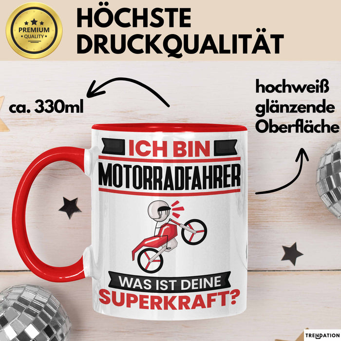 Motorradfahrer Tasse Geschenk für Motorradfahrer Geburtstag Lustiger Spruch Kaffee-Becher Was Ist Deine Superkraft Rot Trendation