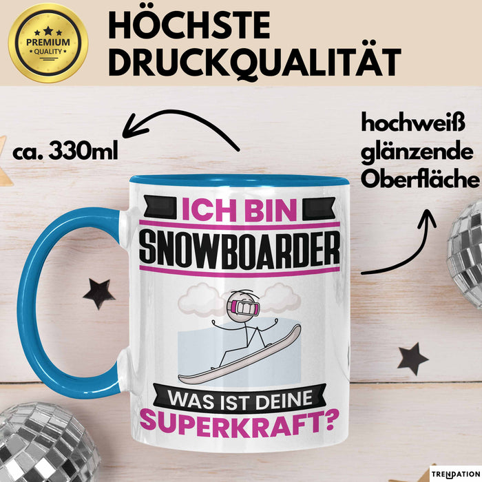 Snowboarder Tasse Geschenk für Snowboarder Geburtstag Lustiger Spruch Kaffee-Becher Was Ist Deine Superkraft Blau Trendation