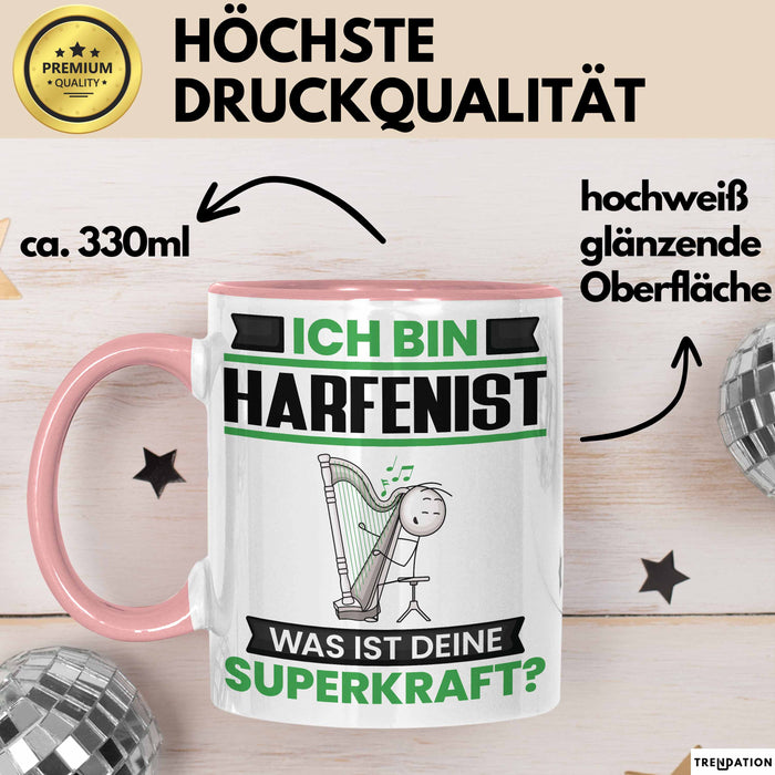 Harfenist Tasse Geschenk für Harfenist Geburtstag Lustiger Spruch Kaffee-Becher Was Ist Deine Superkraft Rosa Trendation