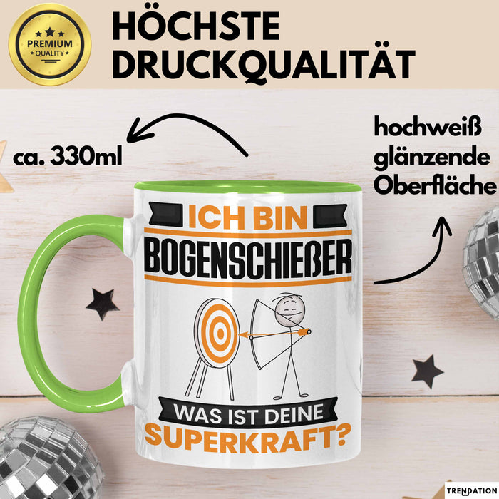 Bogenschießer Tasse Geschenk für Bogenschießer Geburtstag Lustiger Spruch Kaffee-Becher Was Ist Deine Superkraft Grün Trendation