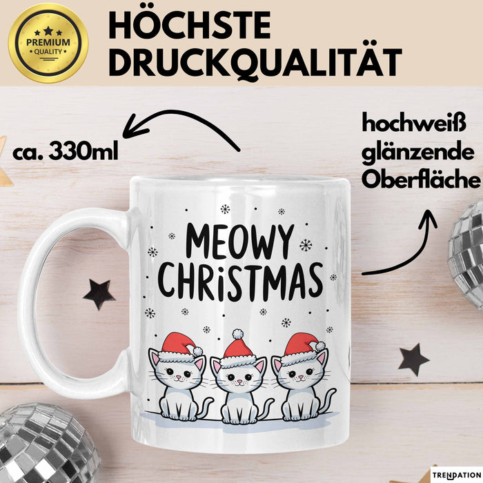 Katze Weihnachtsfeier Tasse Geschenk Lustige Geschenkidee Spruch Meowy Christmas Weiß Trendation