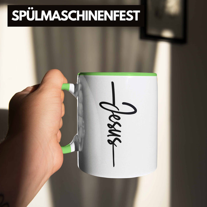 Jesus Christus Tasse Bibel Geschenk Kreuz Glauben Kirche Christliche Geschenkidee Grün Trendation