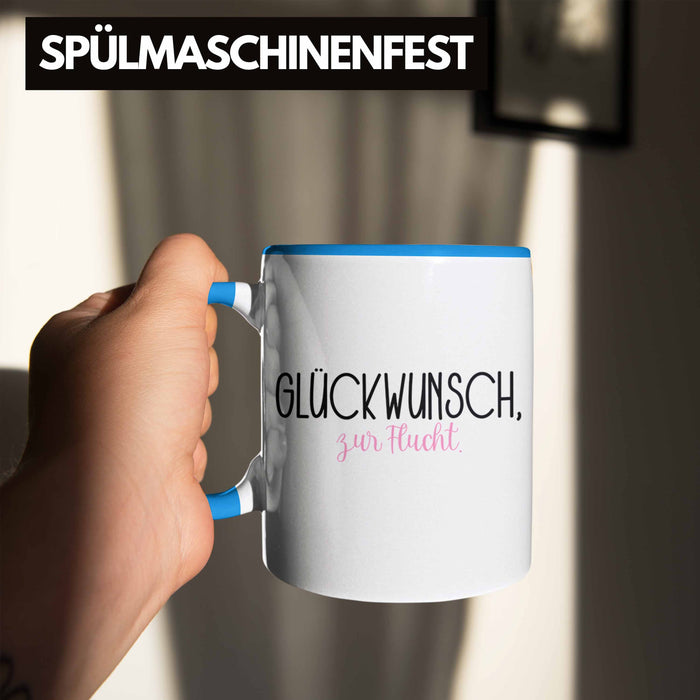 Trendation - Jobwechsel Tasse Geschenk Kollegin Kollege Lustig Abschiedsgeschenk Sprüche - Glückwunsch Zur Flucht Abschied Blau Trendation