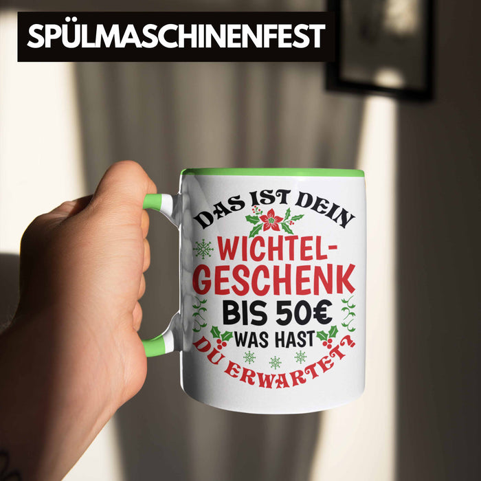 Wichtelgeschenk für 50 Euro Tasse Wichteln für Frauen Kollegen Wichtel-Tasse Schrott-Wichteln Schrottwichteln Grün Trendation